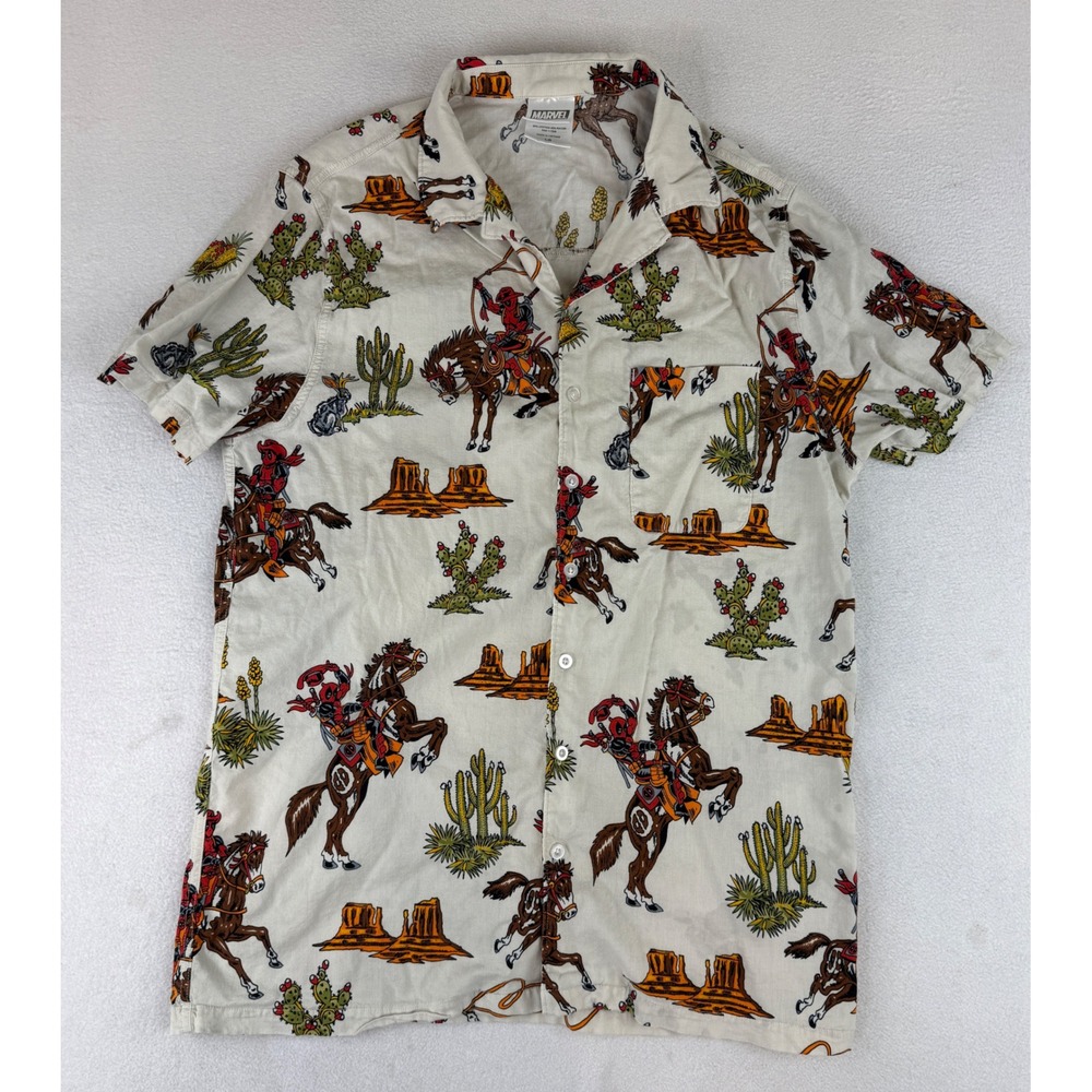 Marvel Deadpool Button Down Shirt Mens Large Cream Western Cowboy Desert Print